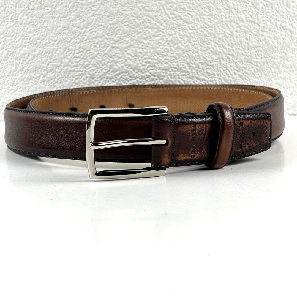 Cole Haan Leather Belt Mens 36 Brown Brogue Perforated Dress‎ Belt Preppy Dress